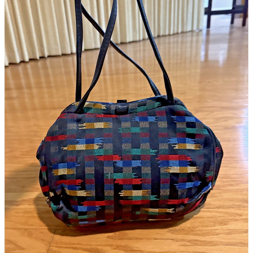 Vintage 80s Black Multicolored Geometric Woven Purse Crossbody Patchwork 12x10x3